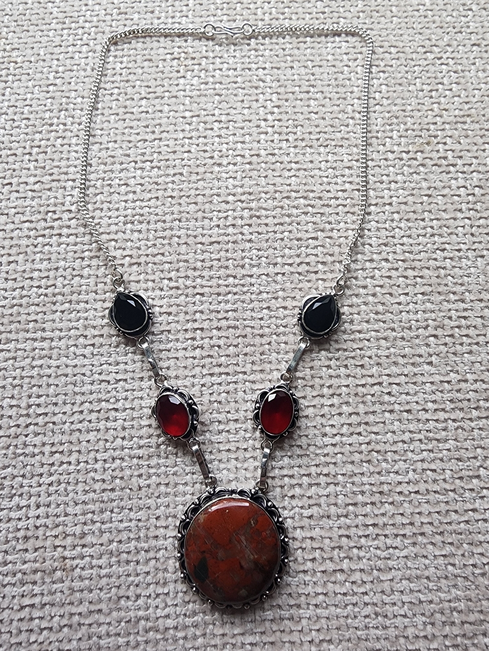 925 Sterling Silver Red Jasper Black & Red Stone Statement Necklace